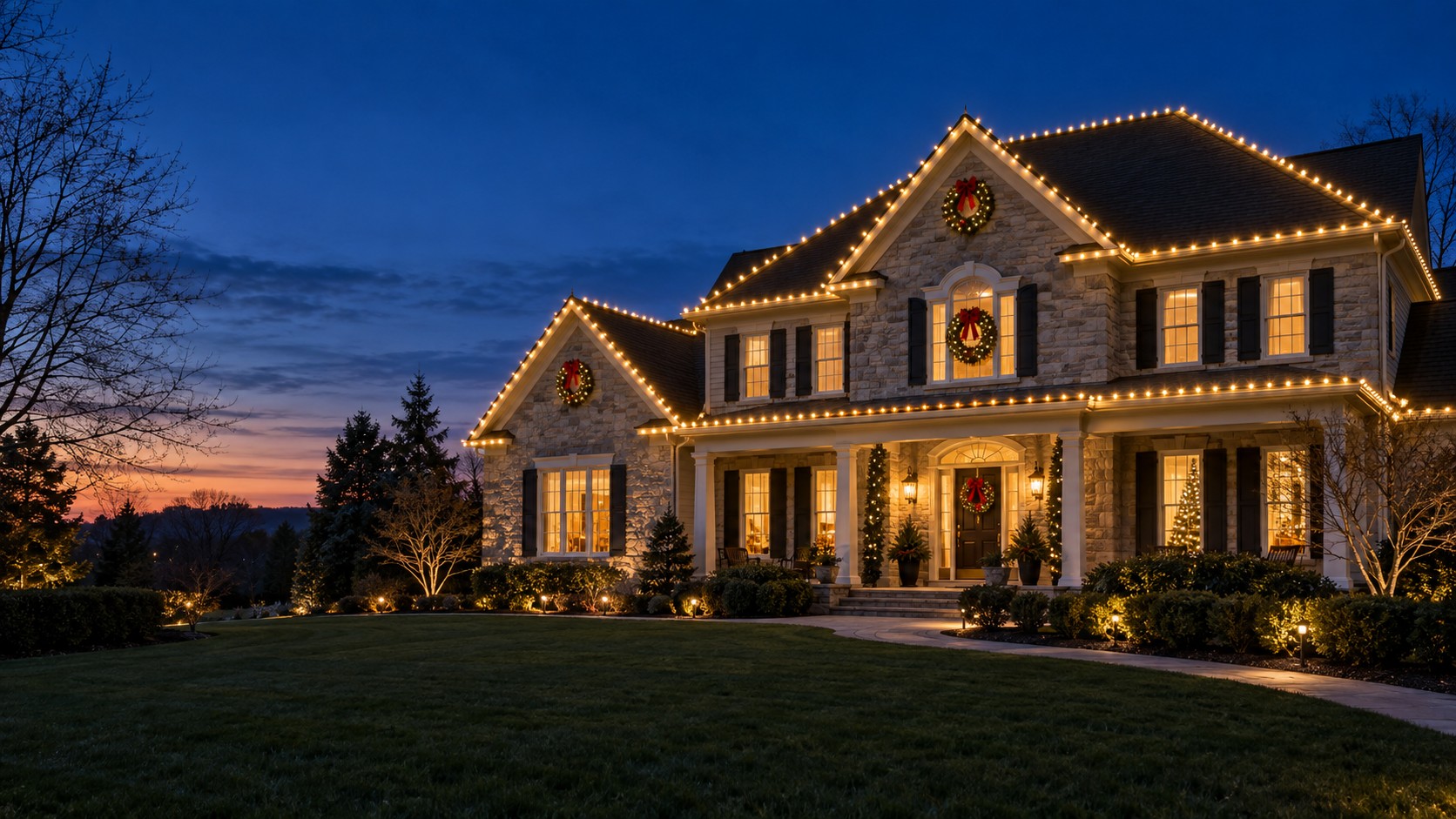 Illustration of a home outlined in warm white Christmas lights at dusk