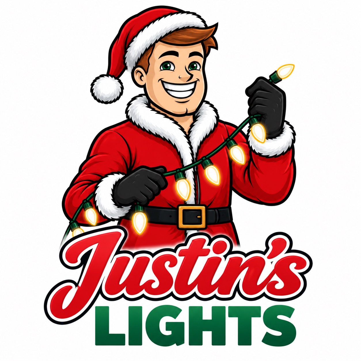 Justin’s Lights logo featuring Justin holding Christmas lights